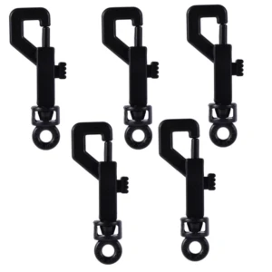 Paquete de 5 ganchos giratorios plásticos negros para correas y llaveros con ojo de sujeción.