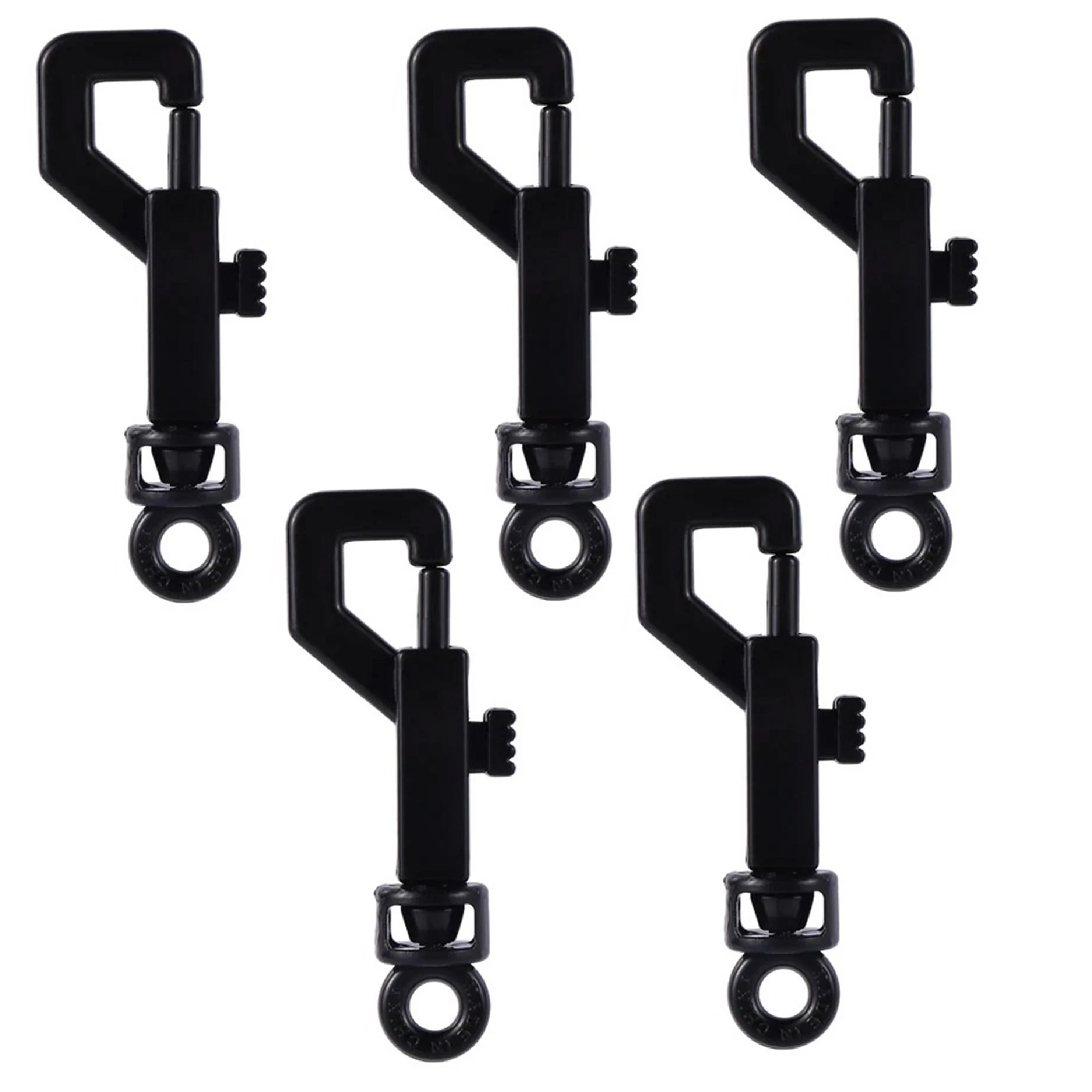 Paquete de 5 ganchos giratorios plásticos negros para correas y llaveros con ojo de sujeción.