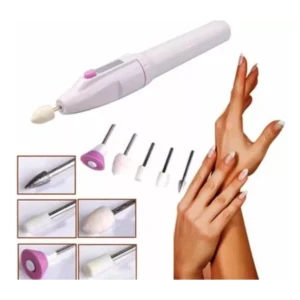 Set de manicure eléctrico blanco con 6 puntas intercambiables, demostración en mano femenina con uñas acrílicas.