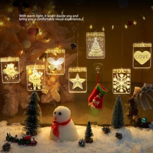 Luces colgantes navideñas 3D: árbol, copo nieve, estrella, mariposa, muñeco nieve, campana, love. Ambiente cálido.