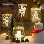 Luces colgantes de Navidad en 3D de acrílico con diseños de Santa, copo de nieve, árbol y campana para decoración festiva.