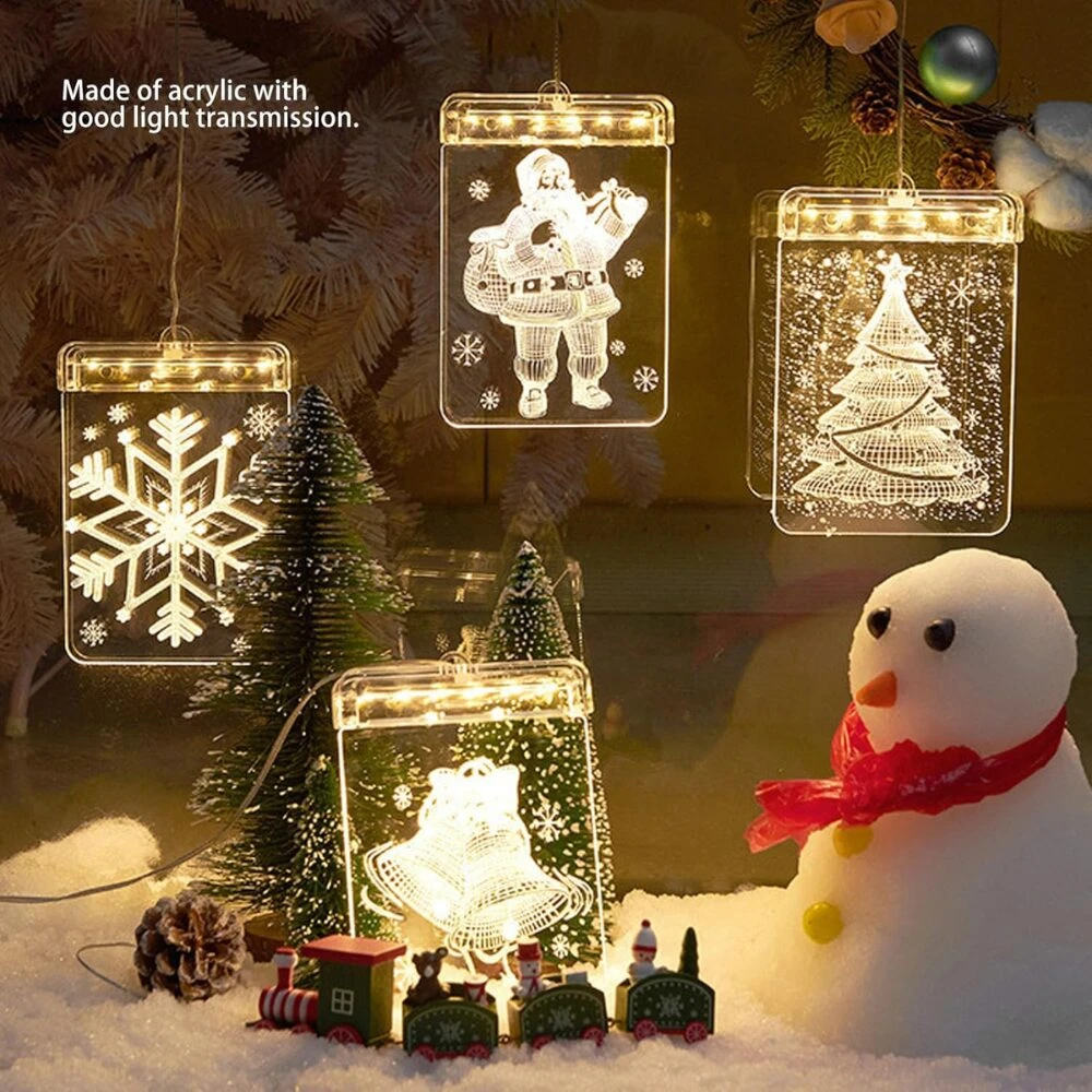 Luces colgantes de Navidad en 3D de acrílico con diseños de Santa, copo de nieve, árbol y campana para decoración festiva.