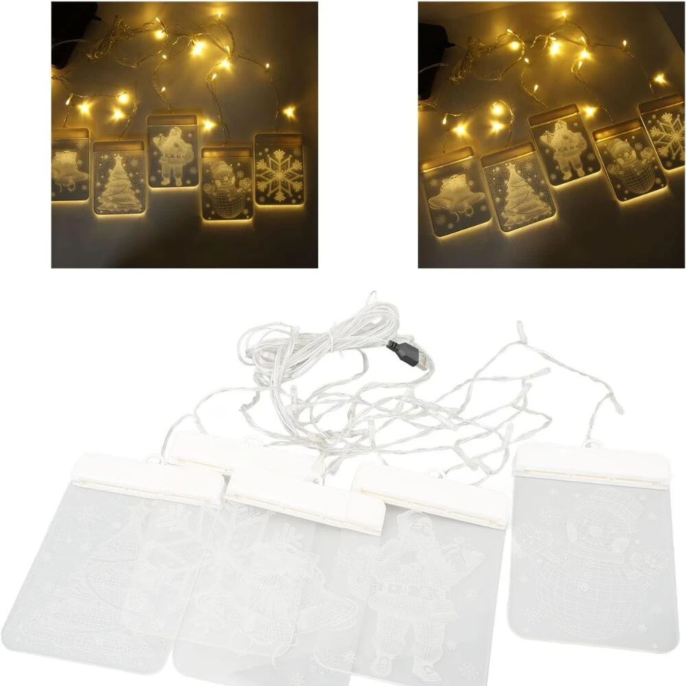 Luces colgantes navideñas 3D con diseño cuadrado de Papá Noel, árbol y copo de nieve. USB.