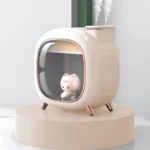 Humidificador blanco con figura de gatito y luces LED, ideal para ambientar espacios.