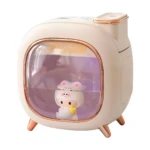 Humidificador led beige con figura de gatito y pantalla transparente, para ambientar.