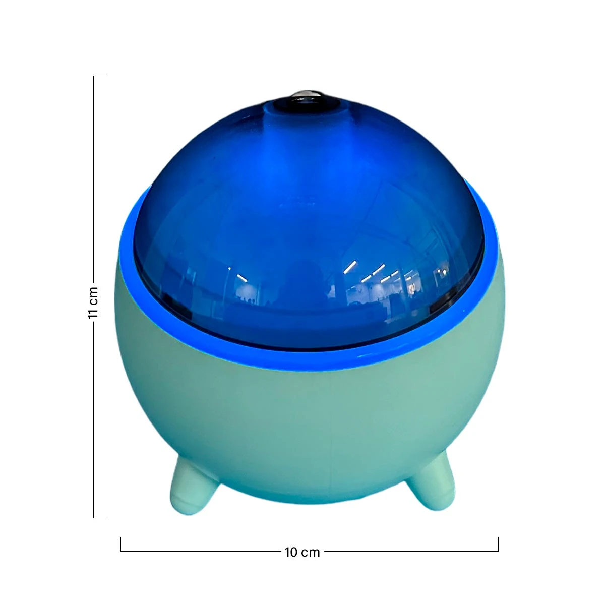 Humidificador Q803 azul con luz led, forma redonda, base celeste, mide 11cm alto x 10cm ancho.