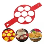 Molde de silicona roja para preparar 7 panqueques o huevos a la vez, con diseño redondo, mangos laterales y ejemplos de uso en sartén y plato.