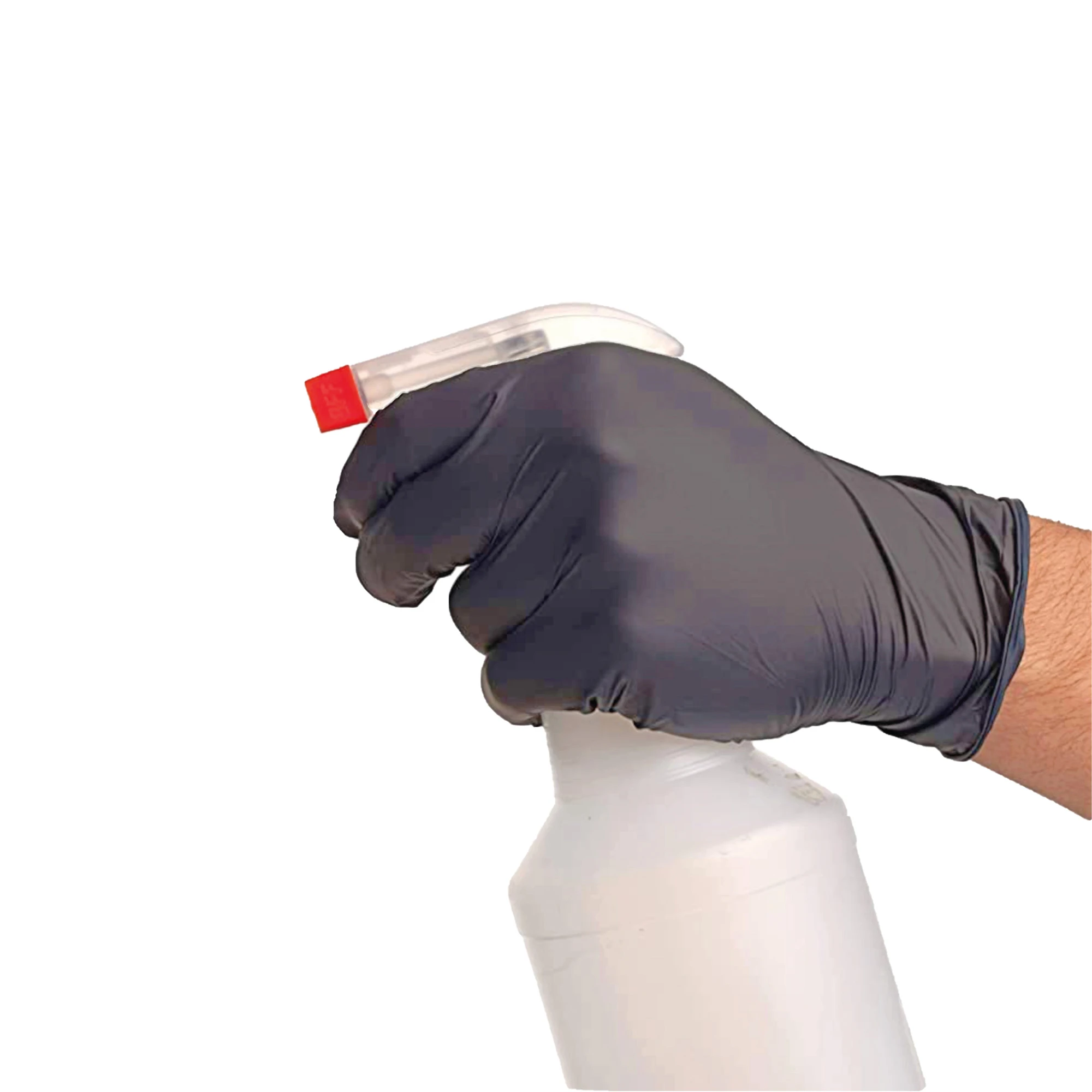 Mano con guante de nitrilo negro talla L sujetando atomizador blanco.