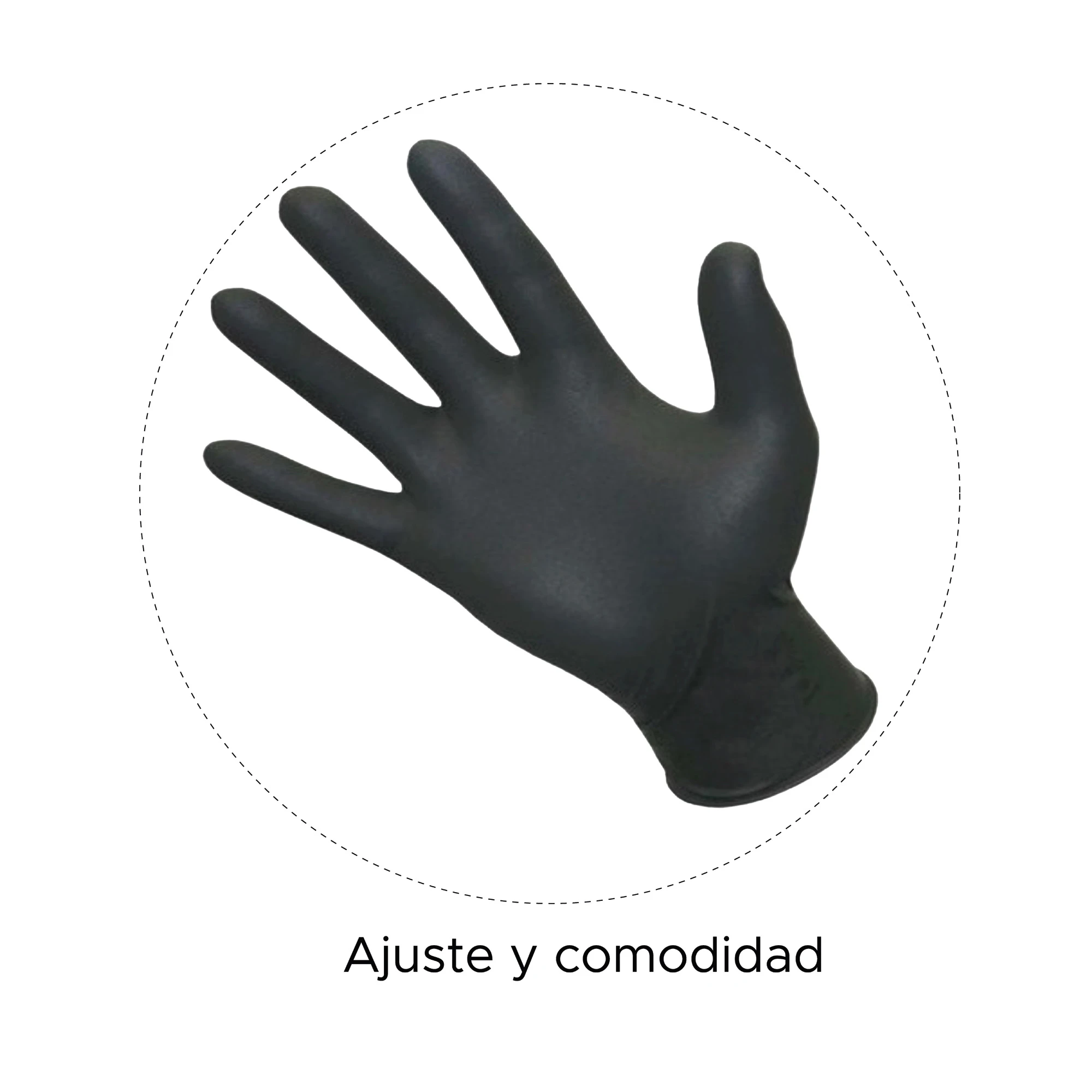 Guante de nitrilo negro, talla L, en mano con dedos extendidos, visto desde arriba, parte de ajuste y comodidad.