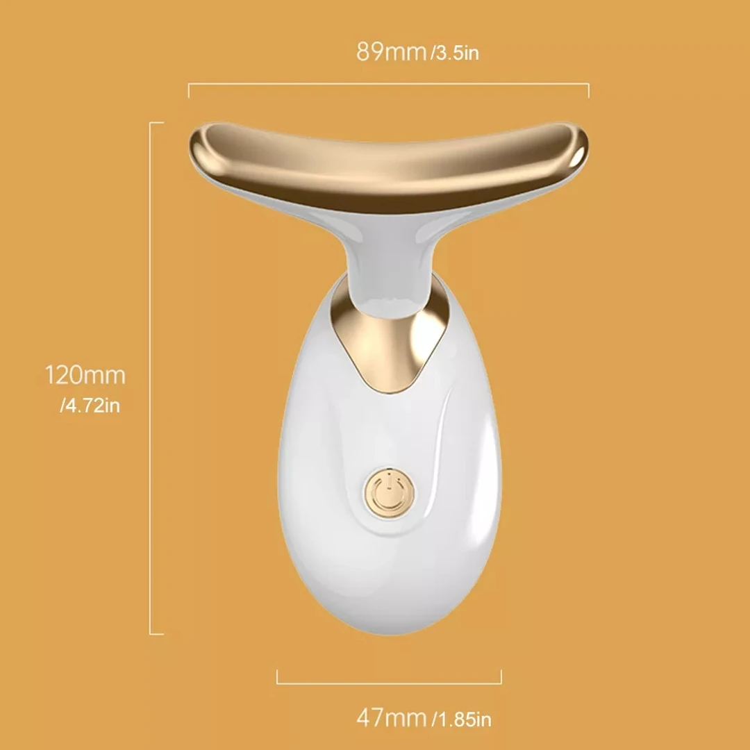 Máquina de lifting facial blanca y dorada con medidas de 120x89x47mm.