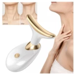 Máquina lifting facial blanca y dorada para el cuello, con comparativa "antes y después" de la piel.