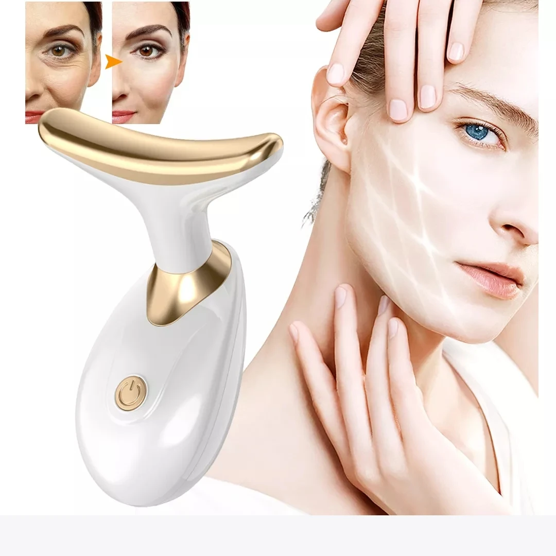 Máquina lifting facial blanca con detalles dorados y demostración de uso en rostro con líneas de luz.