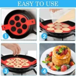 Molde de silicona rojo para pancakes con siete cavidades circulares, mostrando paso a paso su uso en sartén para cocinar y servir porciones uniformes.