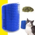 Cepillo rascador azul para gatos, ideal para esquinas, y paquete de catnip.