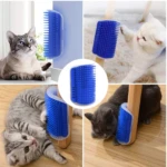 Cepillo rascador esquinero azul para gatos, se adhiere a esquinas de muebles o paredes, estimula el acicalamiento y juego.