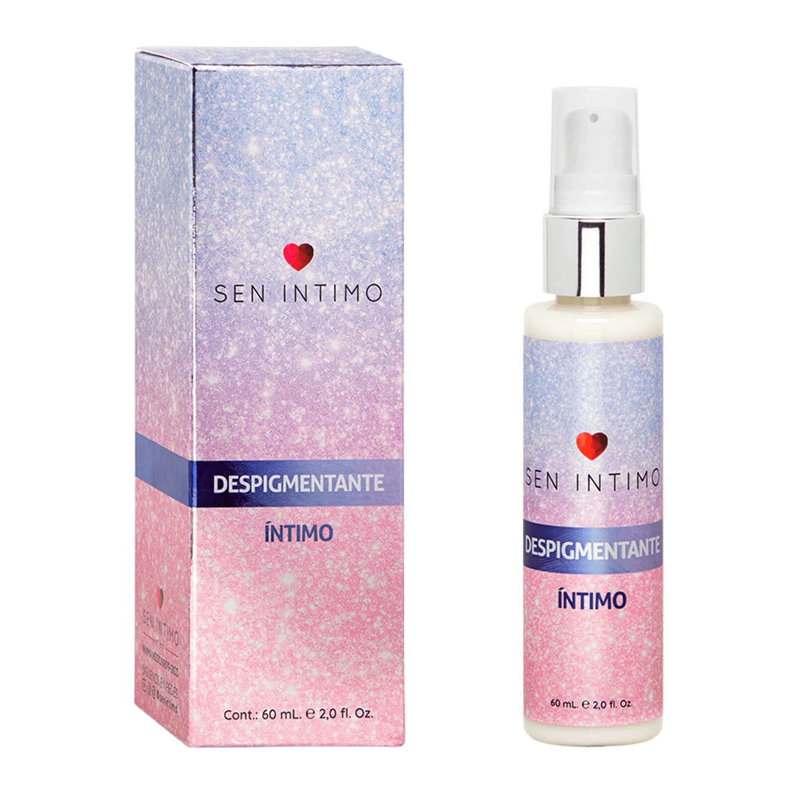 Caja y frasco con aplicador de despigmentante íntimo Sen Intimo 60 ml con diseño degradado rosa y azul brillante.