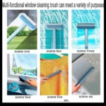 Limpiador de ventanas multifuncional azul y blanco limpiando mosquitero, azulejos, suéter y sofá.