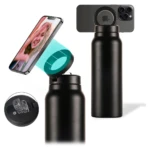 Termo negro con soporte magnético para celular iPhone, ideal para mantener bebidas frías o calientes y ver videos.