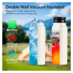 Termo botella acero blanco 23.8 cm alto, 7.8 cm ancho, mantiene frío 24h, caliente 12h, libre de BPA.