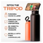 Termo negro con celular en soporte MagSafe, naranja al lado. Funciona vacío o lleno, con todos los dispositivos.