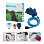 Guante de baño azul para mascotas, con manguera y adaptadores, para lavar perros y gatos.