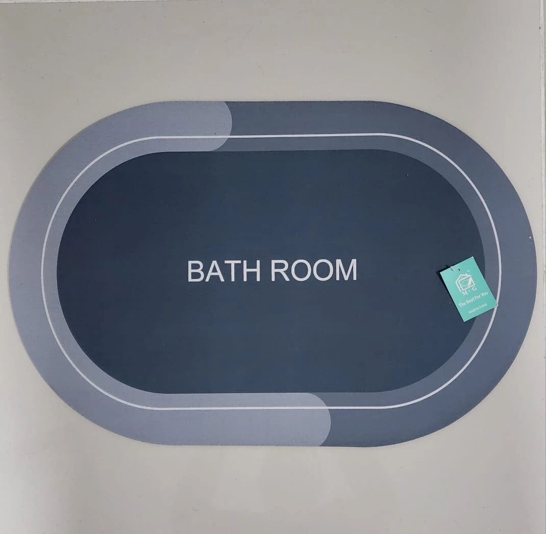 Tapete antideslizante para baño ovalado azul oscuro con bordes grises y texto "BATH ROOM"