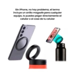 Termo de acero negro con soporte celular MagSafe y anillo para iPhone, ideal para manos libres.