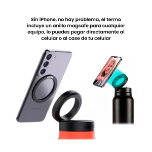 Termo de acero negro con soporte celular MagSafe y anillo para iPhone, ideal para manos libres.