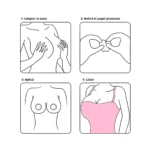 Instrucciones en cuatro pasos para aplicar cubre pezones de silicona: limpiar la piel, retirar el protector, colocar sobre el pecho y usar con prendas.