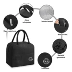 Lonchera térmica negra de diseño moderno. Incluye interior lavable, bolsillo frontal y material impermeable. Ideal para llevar comidas.