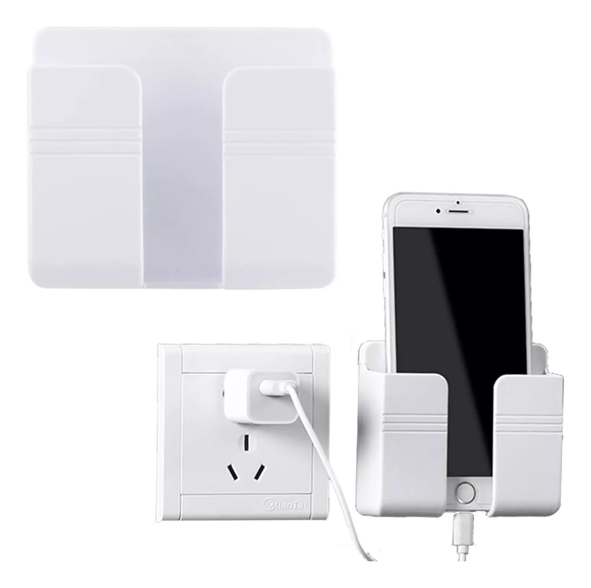 Soporte blanco para cargar celular en pared, con conector y toma corriente universal.
