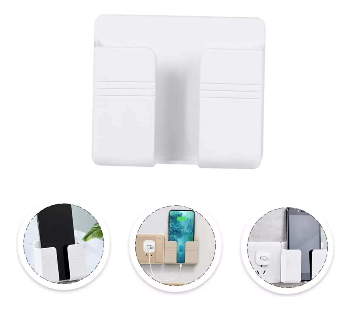 Soporte de pared blanco para celular, ideal para cargar, con compartimento lateral para adaptador.