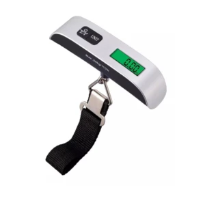 Pesa digital de mano plateada con pantalla LCD verde y cinta negra para maletas, hasta 50kg/110lb.