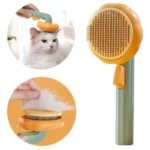 Cepillo quita pelo para mascotas, con cerdas metálicas y botón de limpieza, en colores verde y naranja.