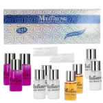 Kit de lifting de pestañas Meisheng con lociones púrpura, blanca y amarilla, aplicadores y caja holográfica.