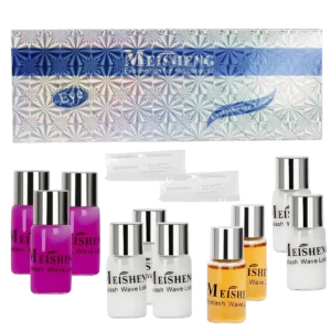 Kit de lifting de pestañas Meisheng con lociones púrpura, blanca y amarilla, aplicadores y caja holográfica.