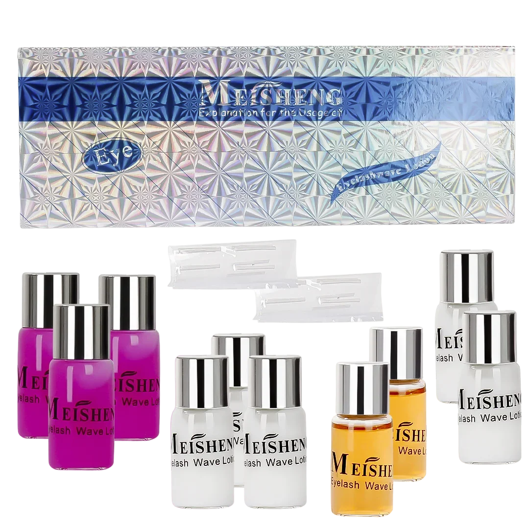 Kit de lifting de pestañas Meisheng con lociones púrpura, blanca y amarilla, aplicadores y caja holográfica.