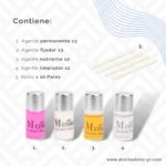 Kit de lifting de pestañas con 3 agentes (permanente, fijador, nutriente), 2 agentes limpiadores y 10 pares de rulos.