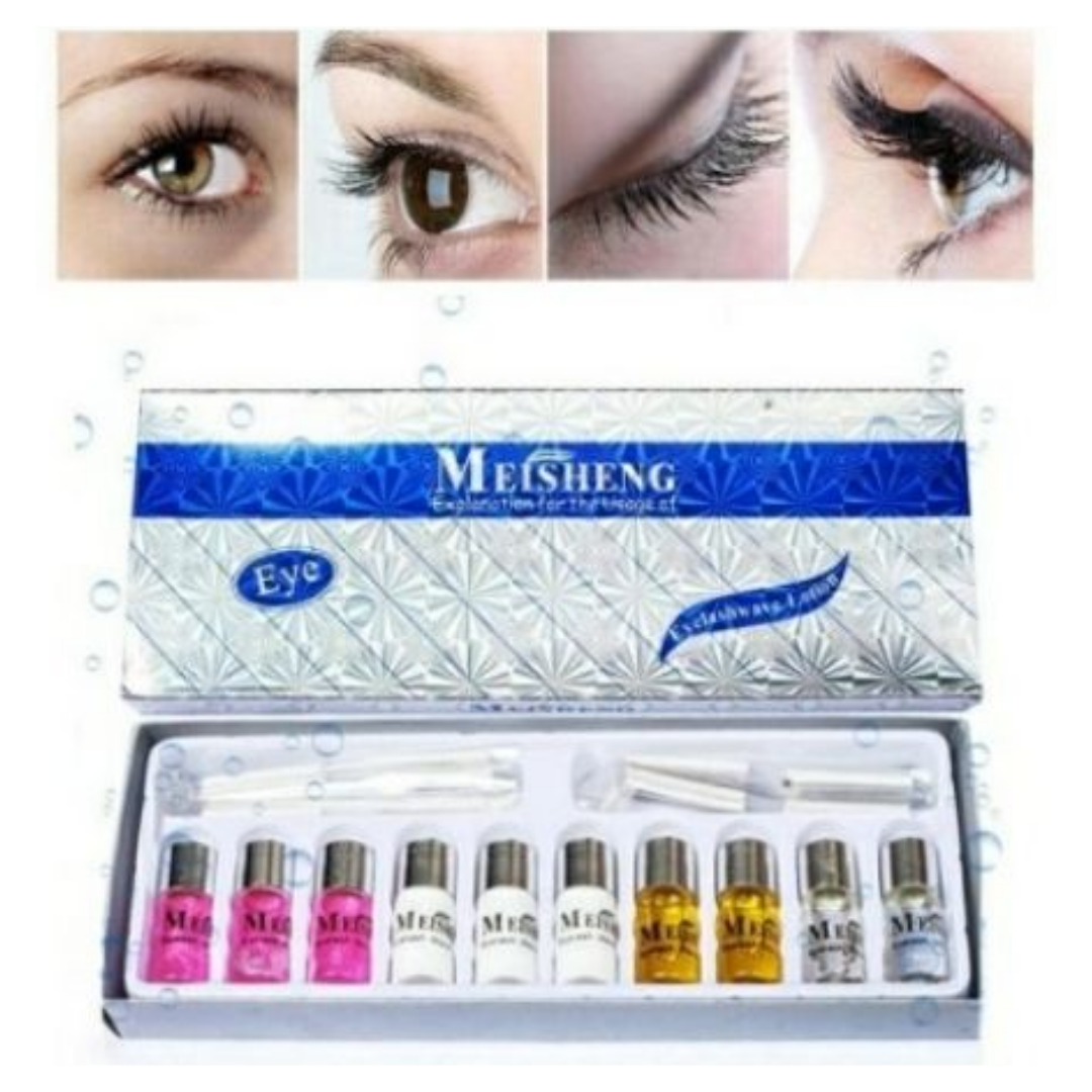 Kit de lifting de pestañas con envase plateado y 9 frascos de diferentes colores y dos aplicadores.