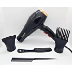 Secador de cabello Bopai negro con accesorios: difusor, peine y peineta.