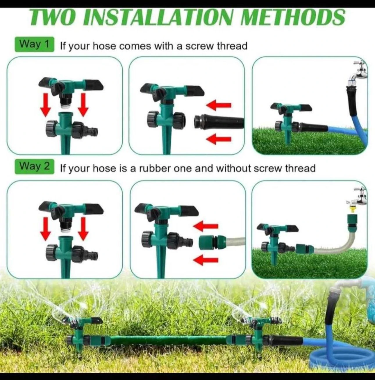 Set x2 Aspersor de agua 3 boquillas verde, instalación con o sin rosca, en césped.
