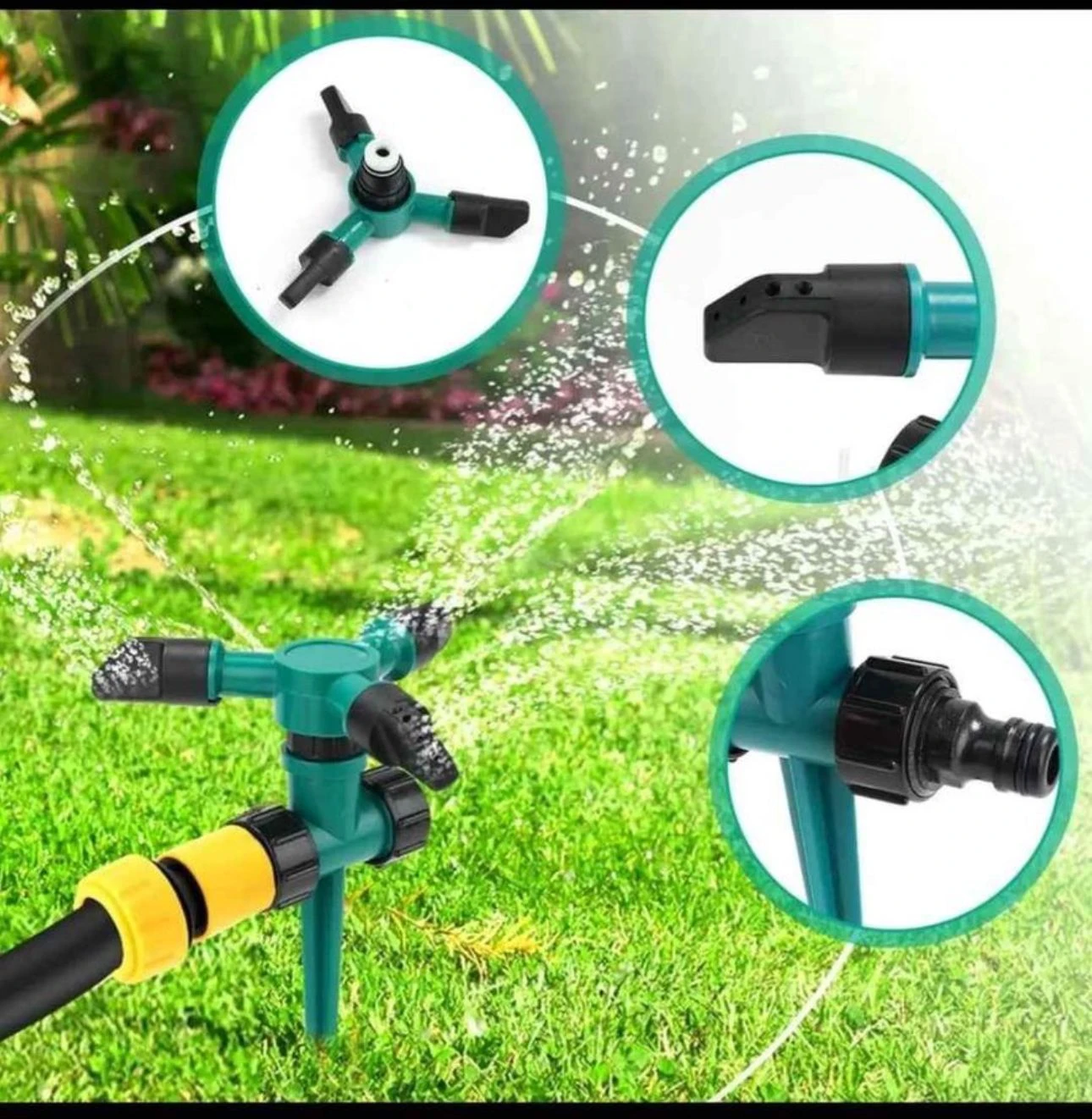 Aspersor de agua verde 3 boquillas giratorias para riego de césped, conector para manguera.