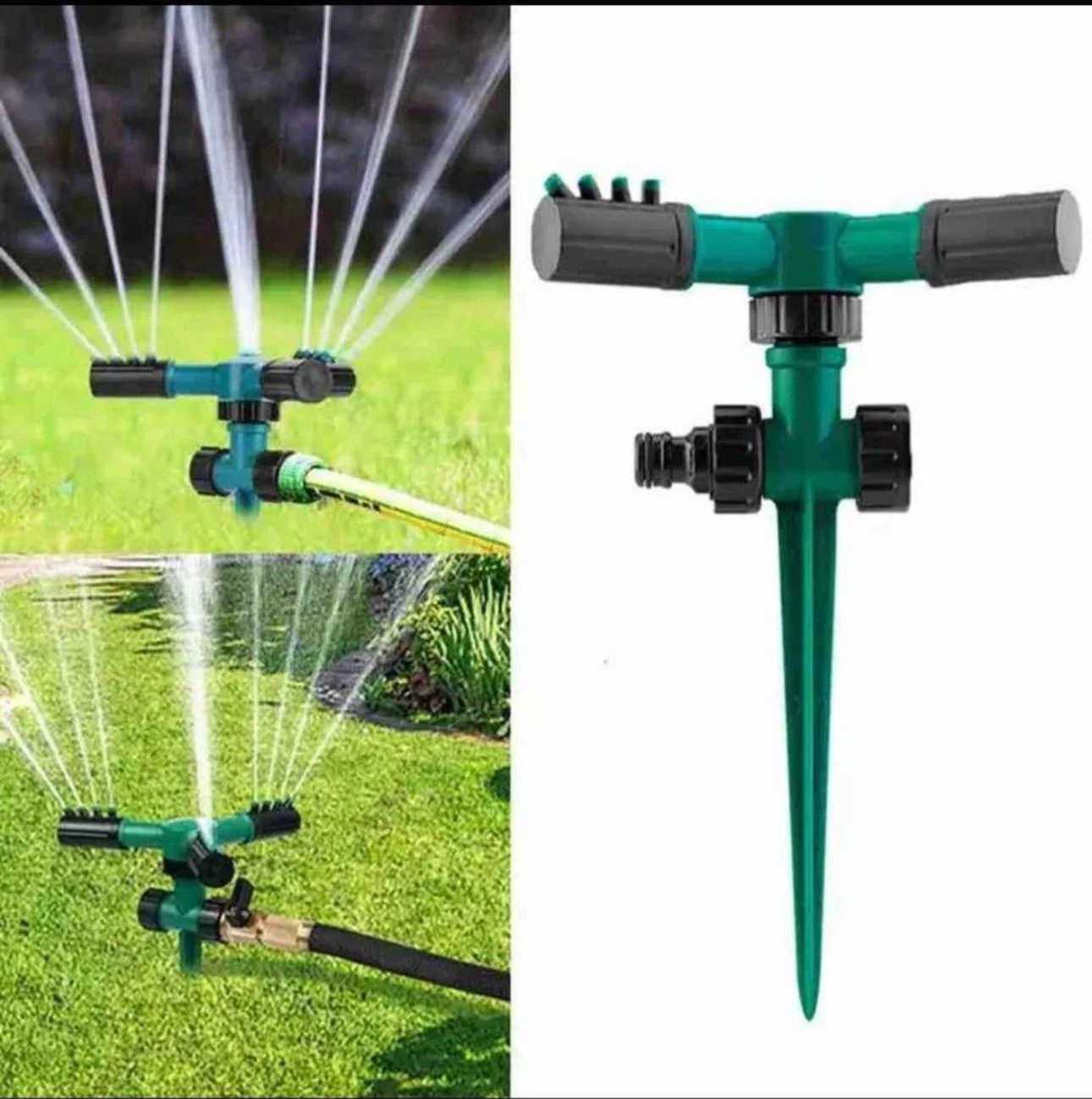Aspersor de agua verde con 3 boquillas rociadoras, estaca para jardín, ideal para riego.
