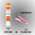 Polímero Capilar Amarysa de 300 ml junto a una mini plancha de cabello color rosa de obsequio, presentación promocional sobre fondo degradado gris.