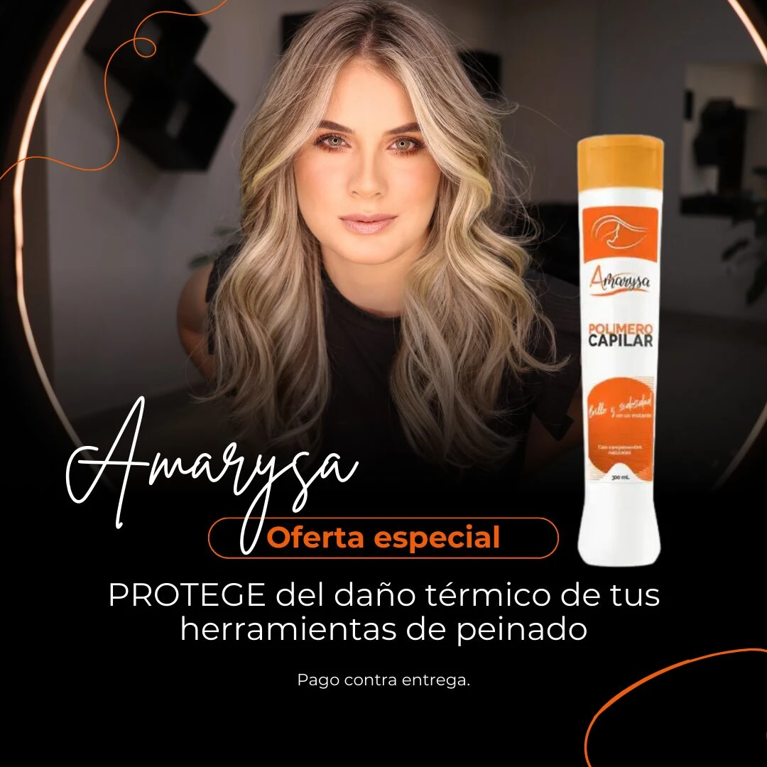 Polímero capilar Amarysa de 300 ml en envase blanco con tapa naranja; protege el cabello del daño térmico al usar herramientas de peinado.