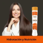 Mujer sonriente con cabello largo y liso junto a envase naranja de Polímero Capilar Amarysa de 300 ml enfocado en hidratación y nutrición capilar.