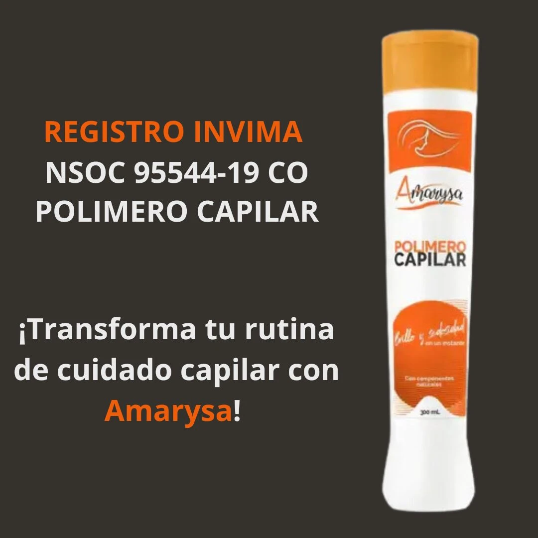 Envase de 300 ml de Polimero Capilar Amarysa con tapa naranja y etiqueta blanca, enfocado en brindar brillo y suavidad al cabello con ingredientes naturales.