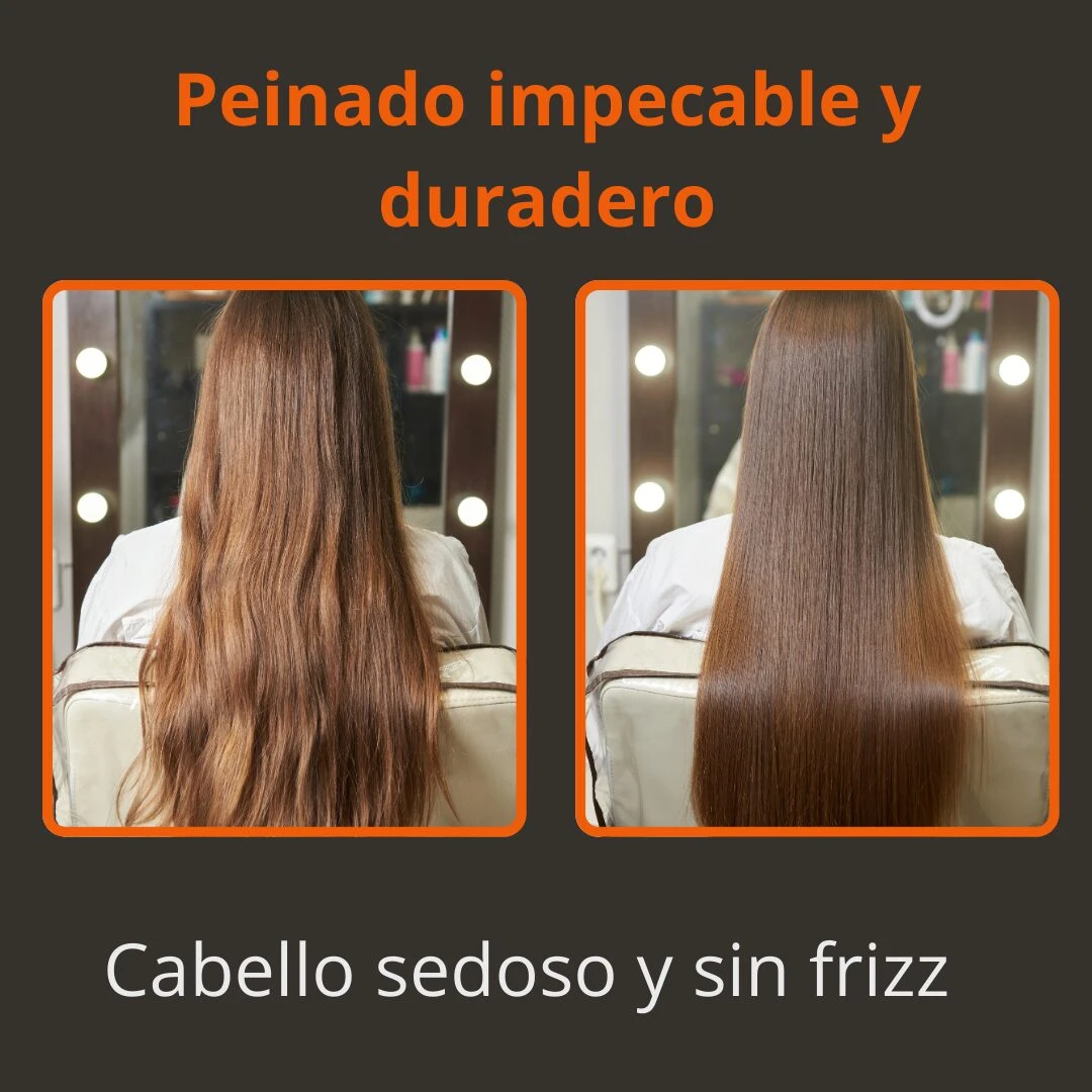 Comparativa de cabello antes y después de aplicar Polímero Capilar Amarysa: melena larga castaña que pasa de un aspecto ondulado y encrespado a liso y sedoso.