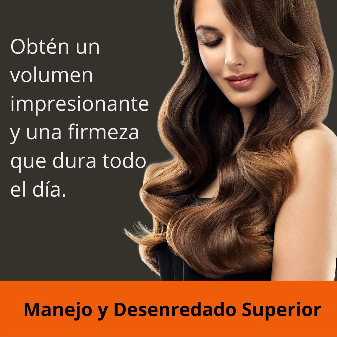 Mujer con cabello castaño largo, brillante y con ondas definidas. Texto promocional sobre volumen, firmeza y manejo para Polímero Capilar Amarysa.