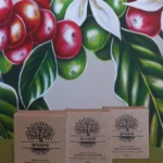 Tres jabones aclarantes Árvore de cúrcuma y ácido kójico, cada uno de 98 gramos, en cajas de cartón sobre fondo con mural de café y flores.